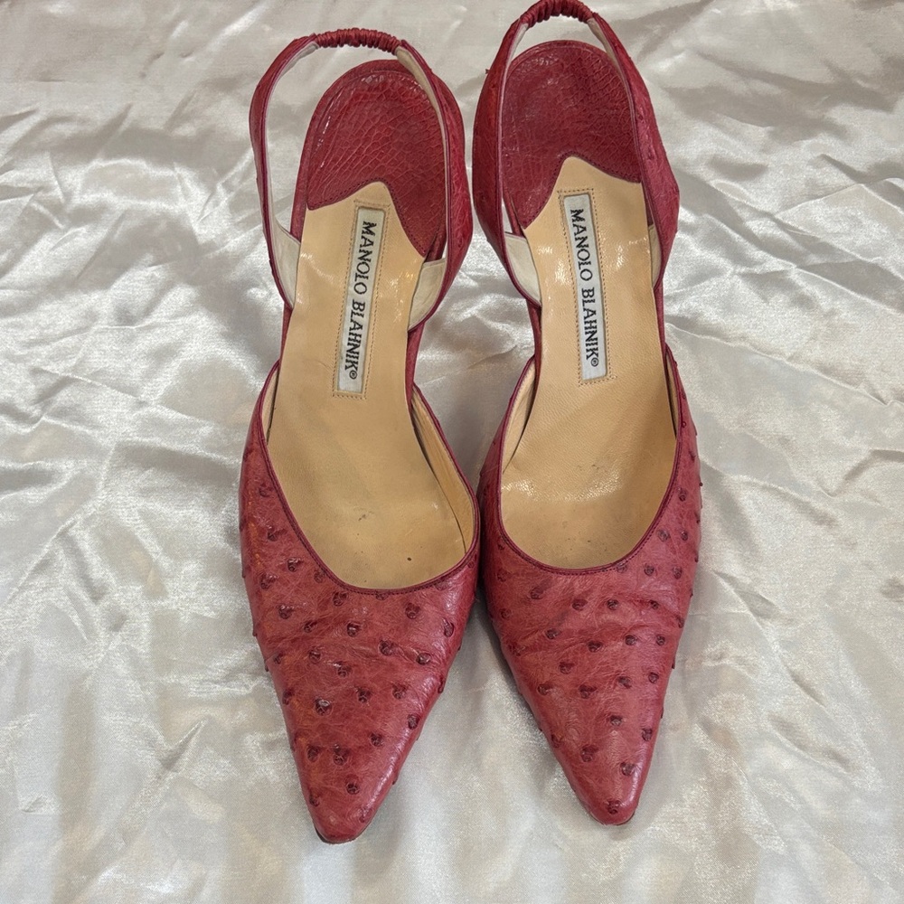 Manolo Blahnik ostrich sling back heels 37 1/2 soft red